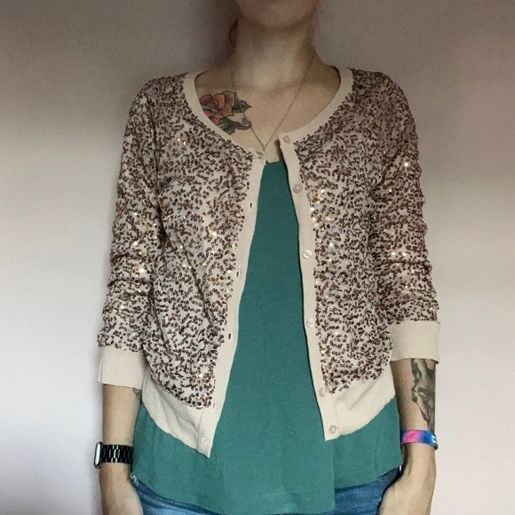 AMERICAN EAGLE OUTFITTERS Rose Gold Sequin Cardigan 3/4 Sleeve Medium Sweater - Picture 6 of 12